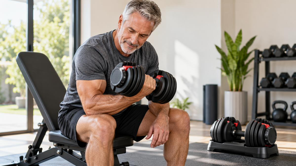 Pair of adjustable dumbbells in a compact home gym used by a man over 50