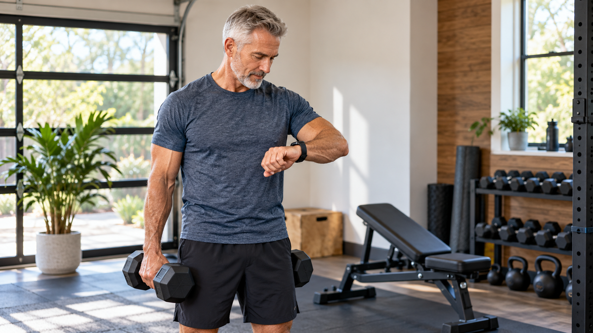 Man over 50 performing a full-body strength workout with dumbbells in a compact gym