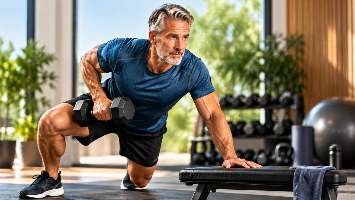 Man over 50 performing a full-body strength workout with dumbbells in a gym