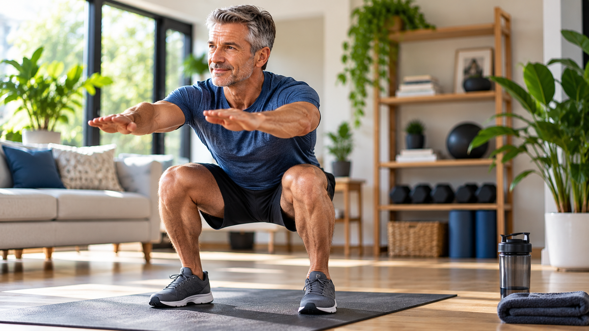 Man over 50 performing a controlled bodyweight squat during a no-equipment home workout