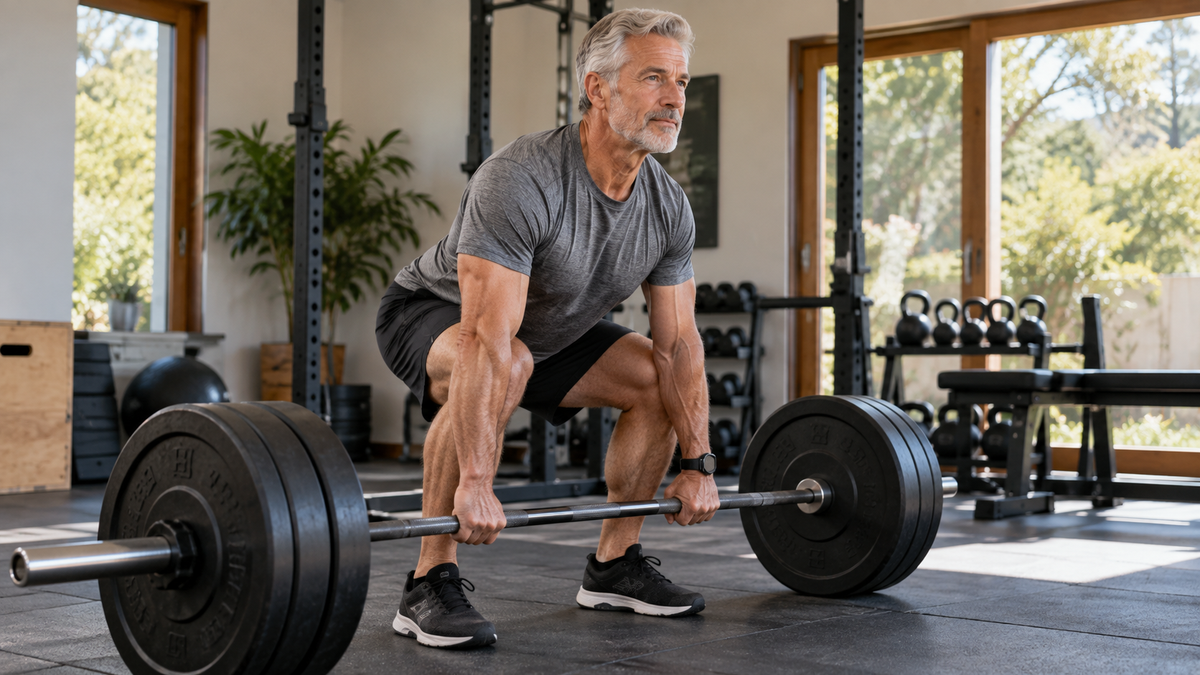 Man over 50 performing a compound strength exercise with dumbbells in a gym