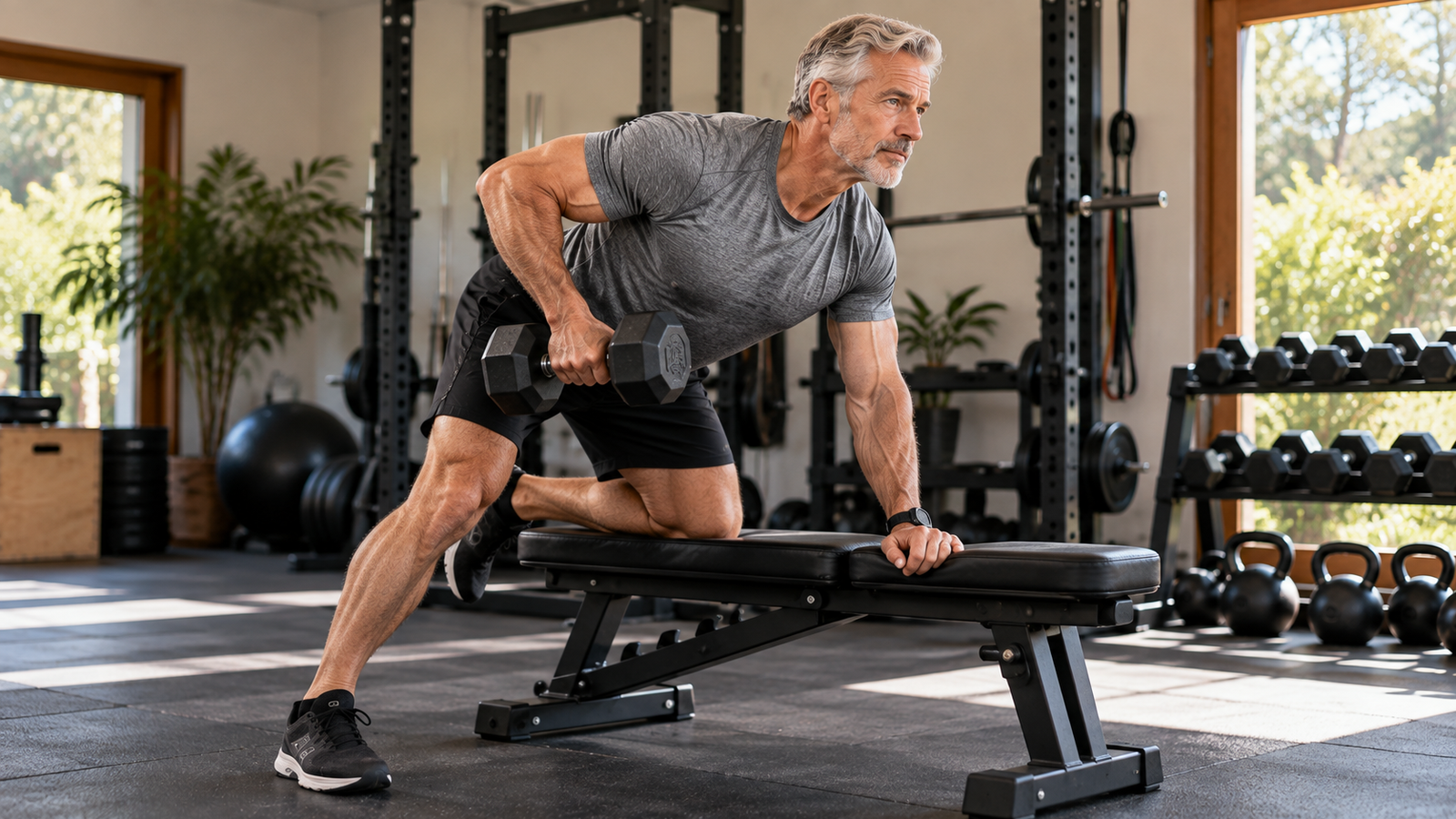 Man over 50 performing a controlled full-body compound strength movement