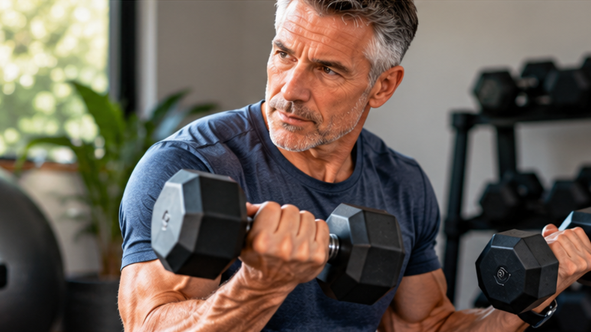 Man over 50 performing a controlled dumbbell exercise during a home strength workout