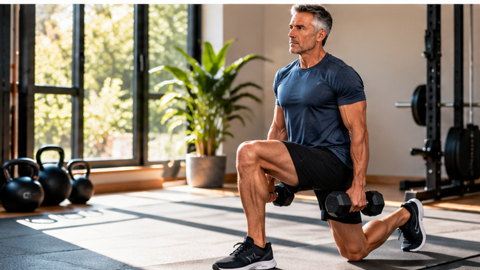 Man over 50 performing a full-body dumbbell strength workout with controlled technique