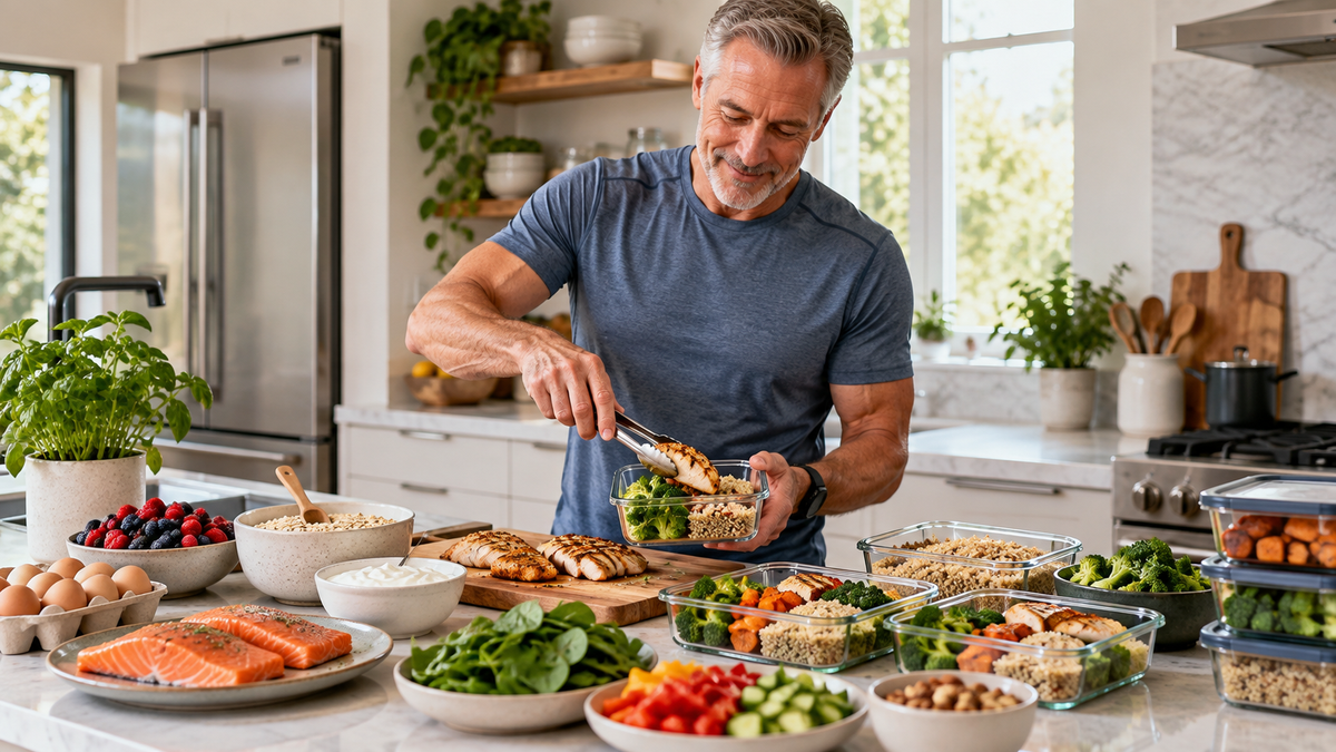 High-protein whole foods including fish, eggs, yogurt, legumes and lean poultry for men over 50