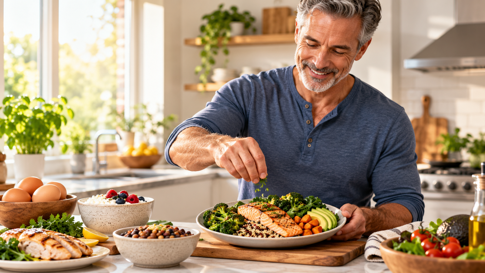 Man over 50 preparing a balanced high-protein meal with whole foods in a home kitchen