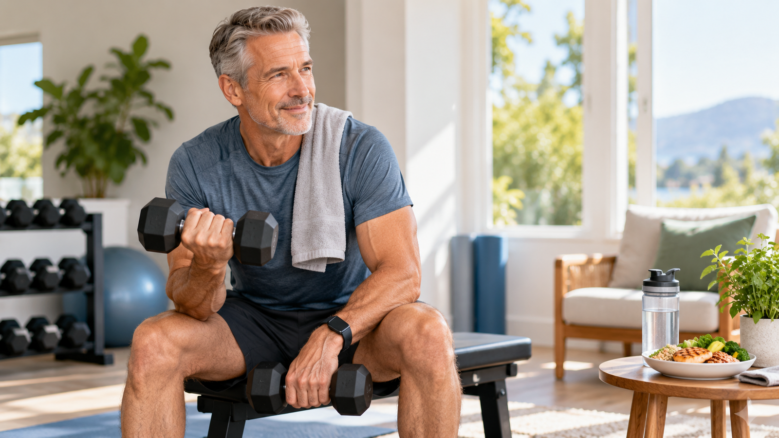 Man over 50 using practical strength equipment in a home gym