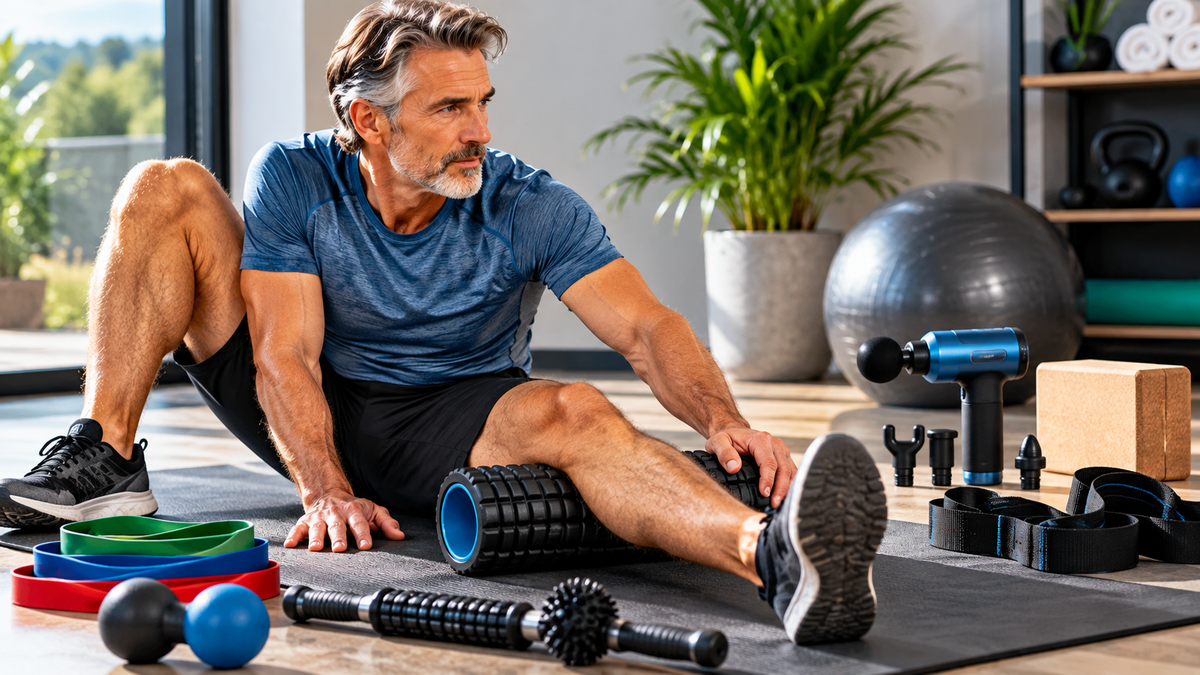 Foam roller, massage ball, stretching strap and resistance band arranged as mobility tools for men over 50