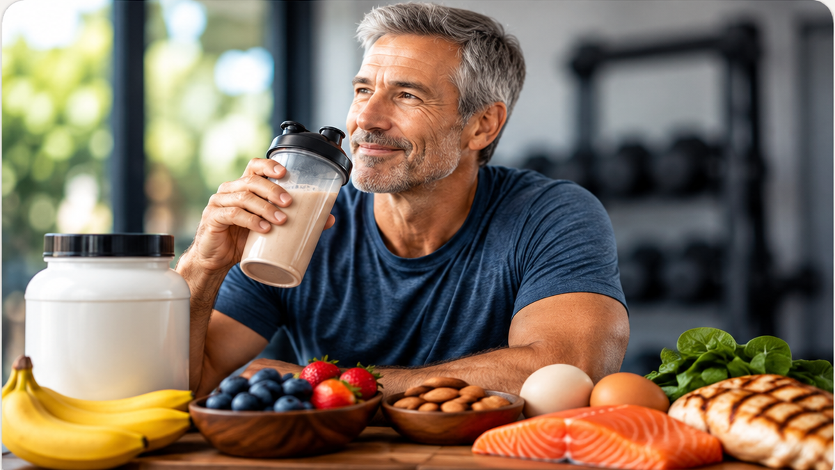 Man over 50 comparing protein powder options with a protein shake and high-protein foods