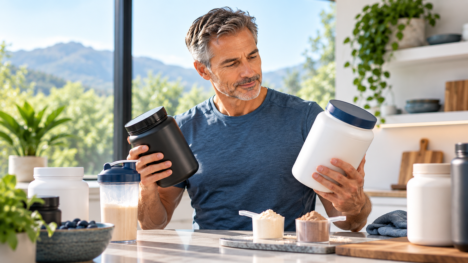 Protein shake and protein-rich foods arranged for a guide to choosing protein powder after 50