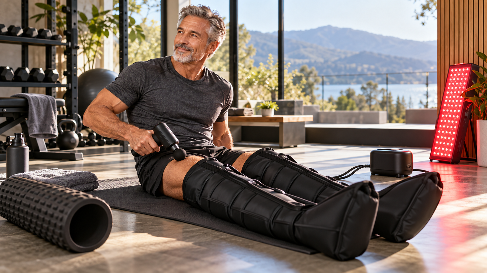 Man over 50 using recovery equipment after a home strength workout