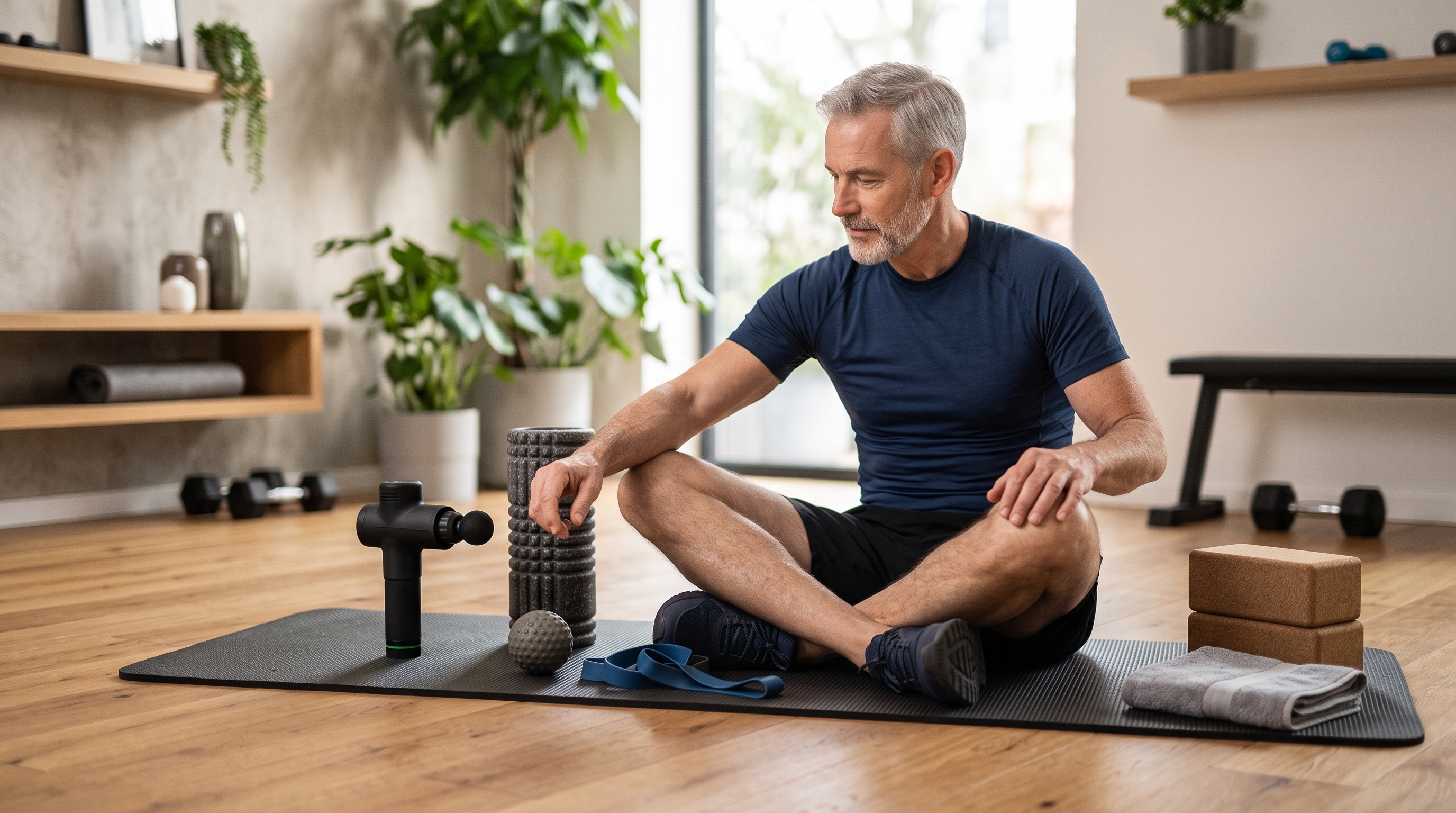 Massage gun, foam roller, massage ball and compression gear arranged as recovery tools for men over 50