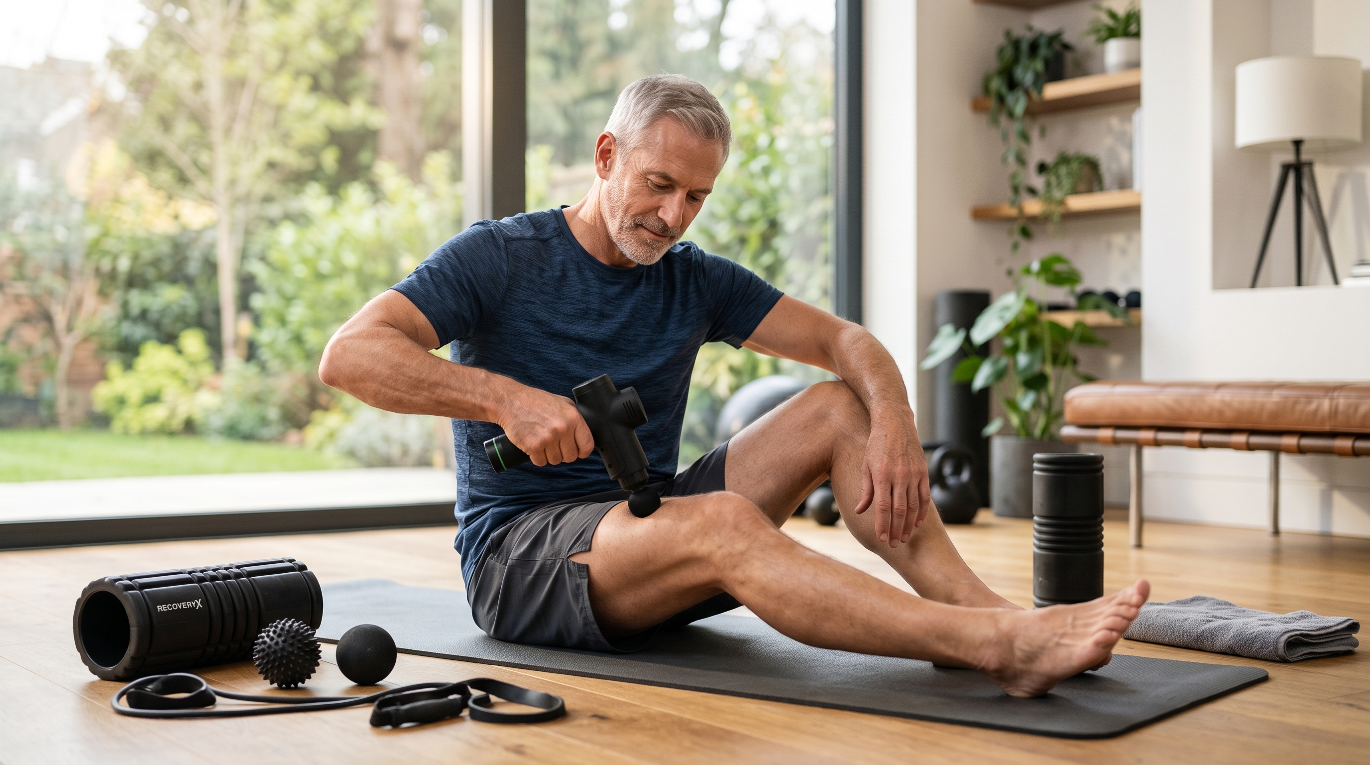 Man over 50 using a recovery tool after a strength-training workout