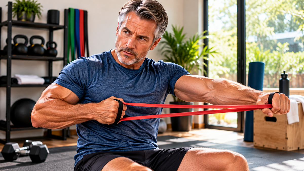 Man over 50 performing a controlled resistance band row during a home strength workout