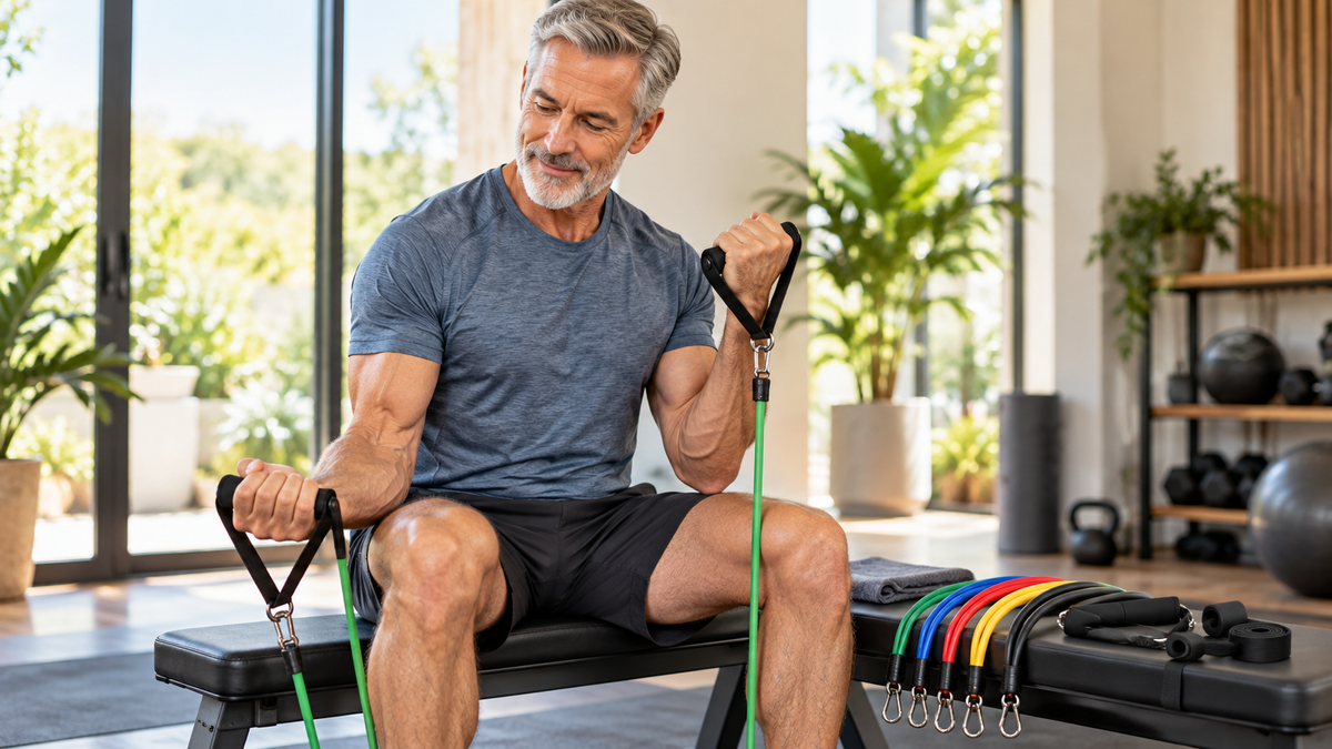 Loop resistance bands, tube bands with handles, mini bands and a door anchor arranged for a man over 50