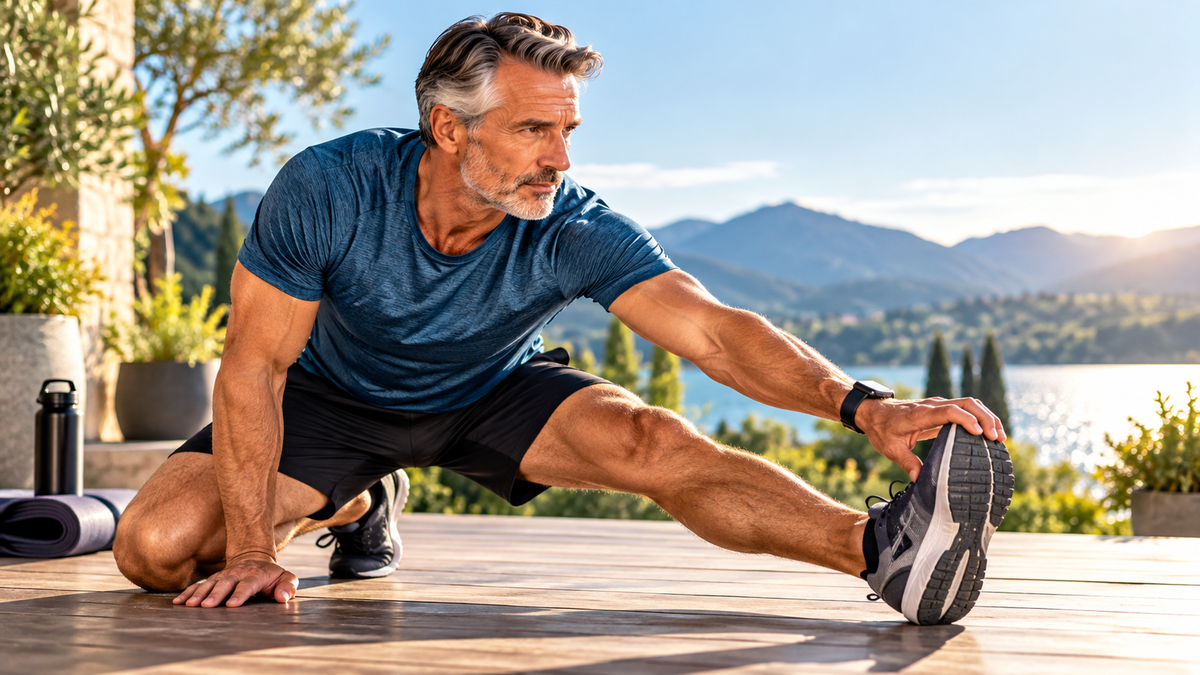 Man over 50 performing a controlled standing stretch during a flexibility routine