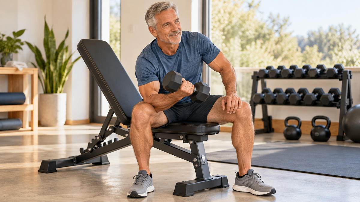 Adjustable weight bench in a compact home gym with dumbbells and strength equipment