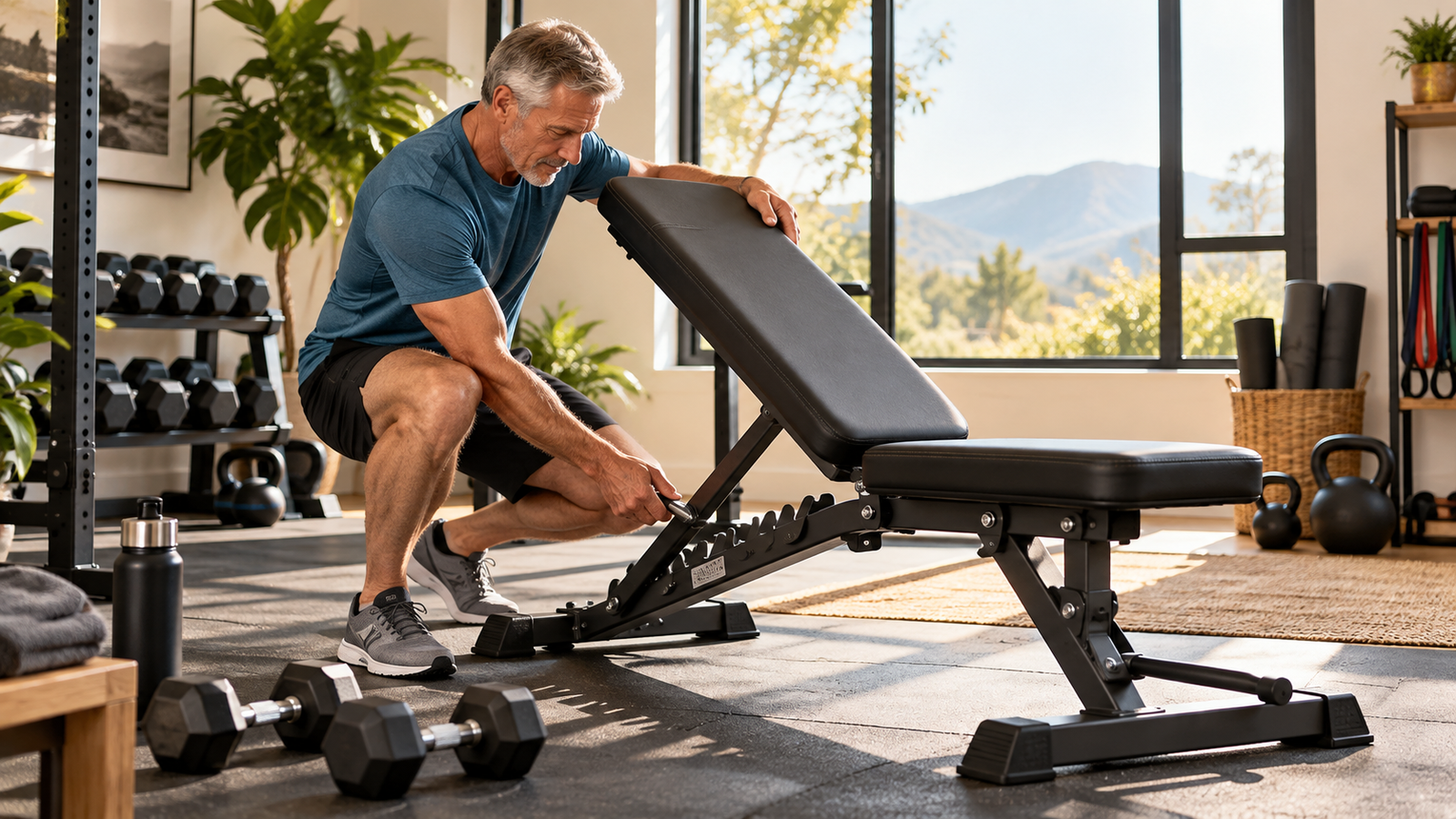 Man over 50 adjusting a sturdy home weight bench before a dumbbell workout
