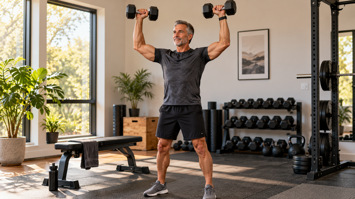 Man over 50 performing controlled resistance training with dumbbells in a gym
