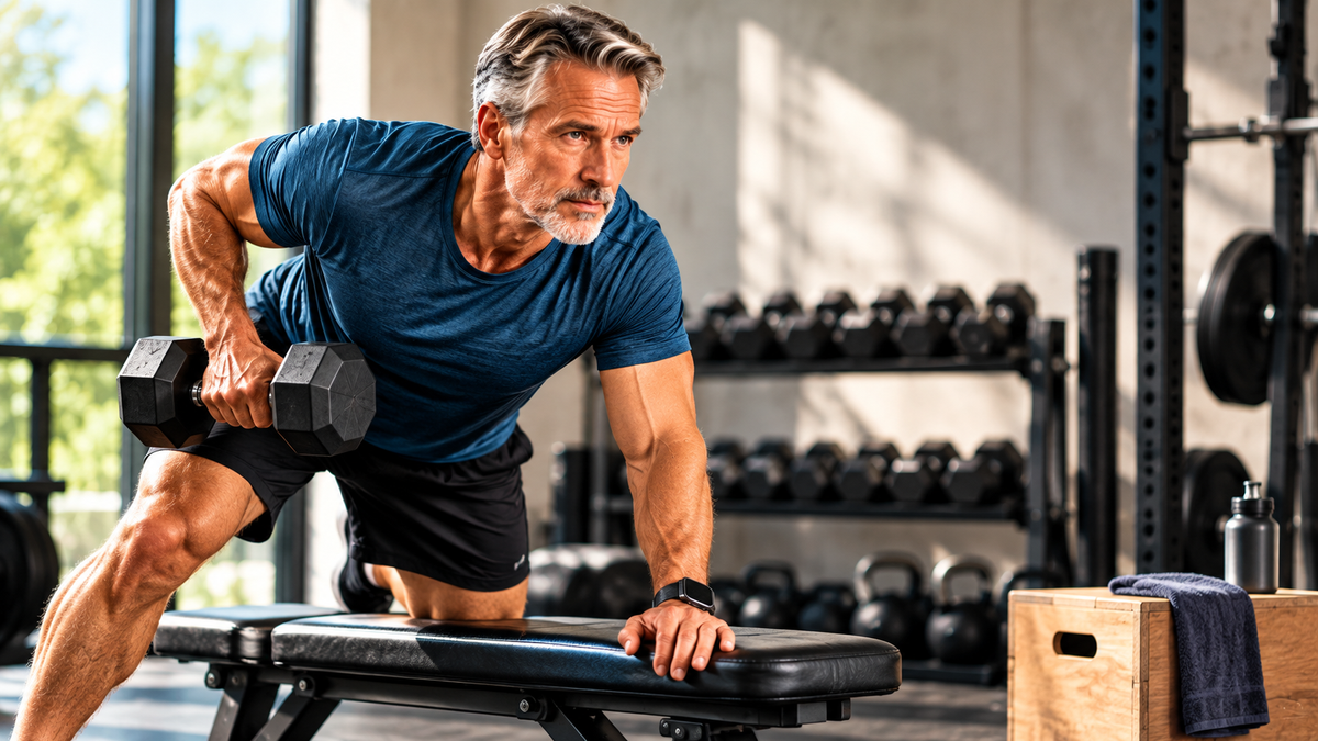 Man over 50 returning to strength training in a gym with dumbbells and machines