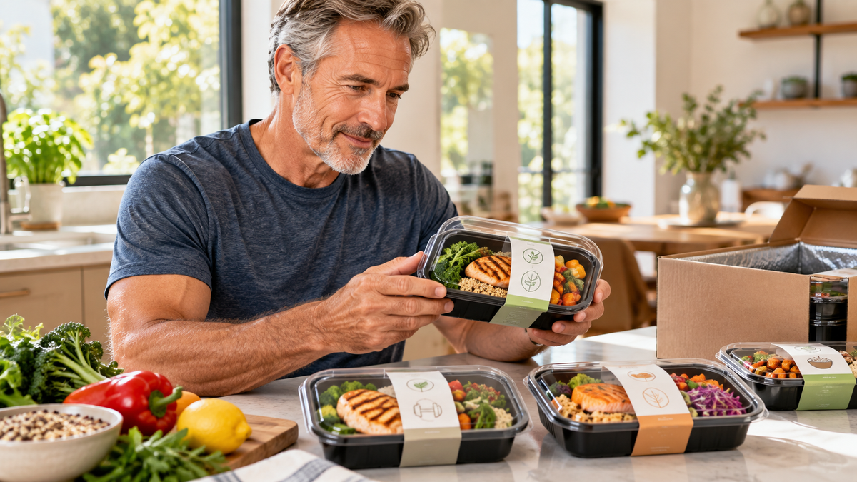 Healthy prepared meal delivery boxes with high-protein meals, vegetables and grains for a man over 50