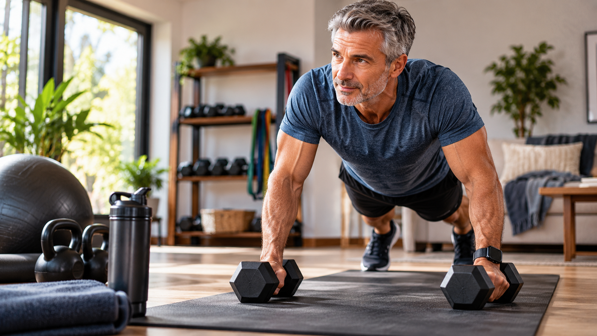 Man over 50 performing a controlled home strength workout with dumbbells