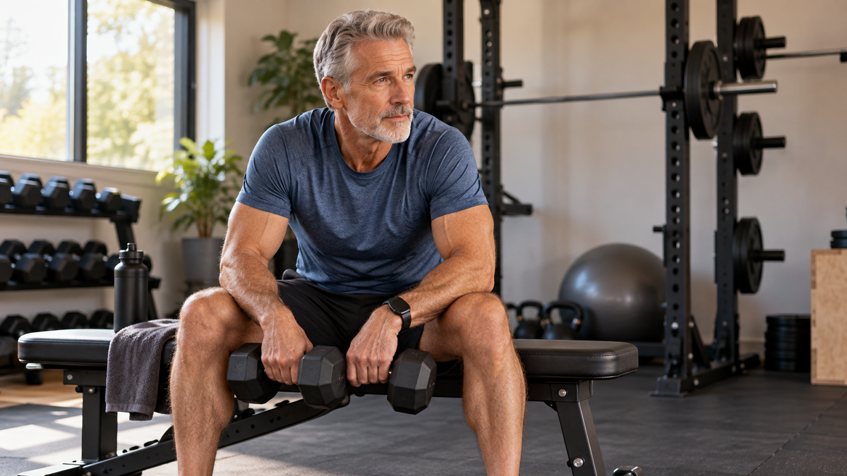 Man over 50 finishing a challenging strength-training set with controlled technique
