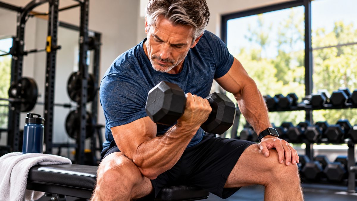 Man over 50 selecting dumbbells for a strength-training workout