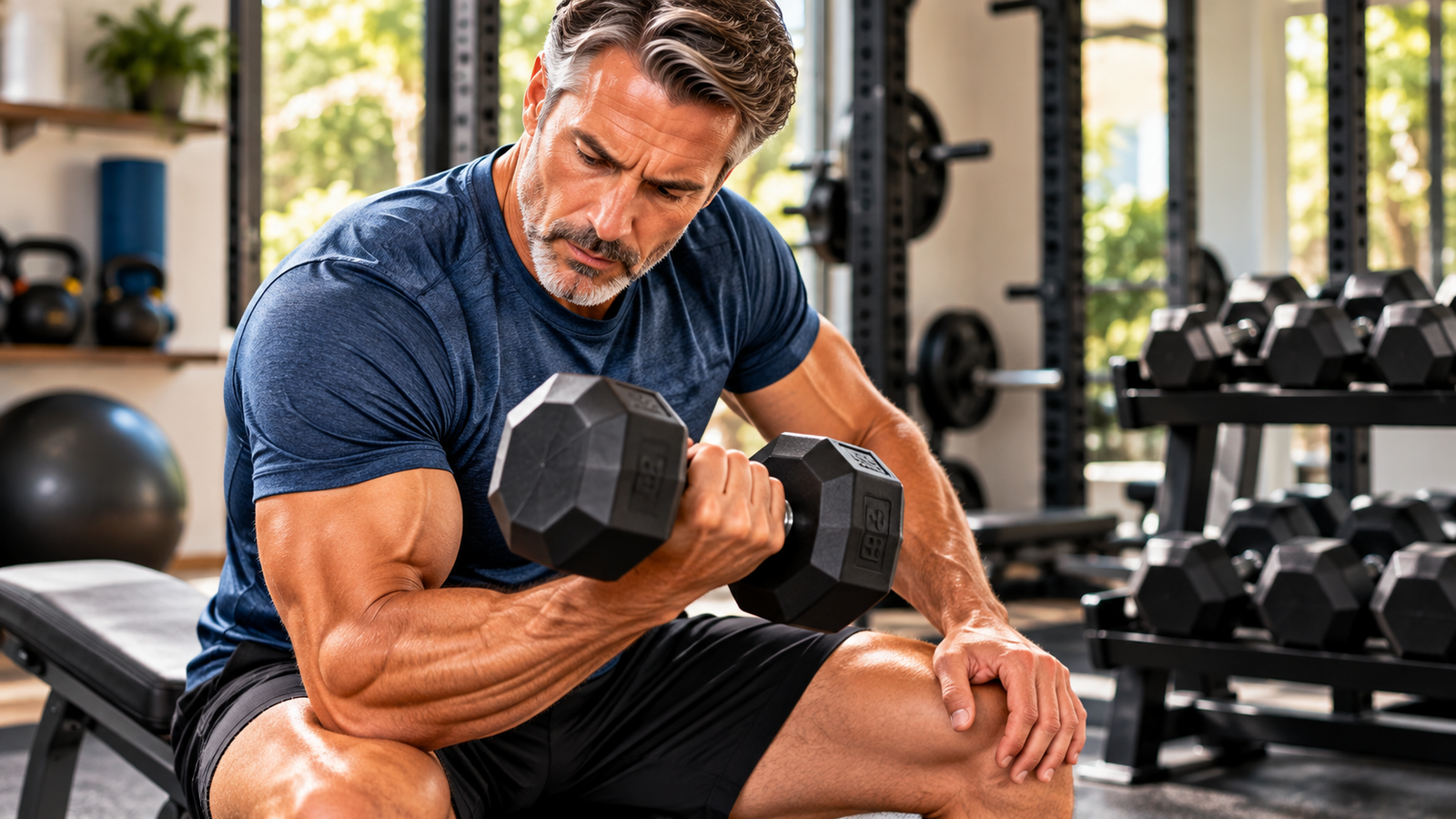 Man over 50 lifting a challenging but controlled weight during a strength workout