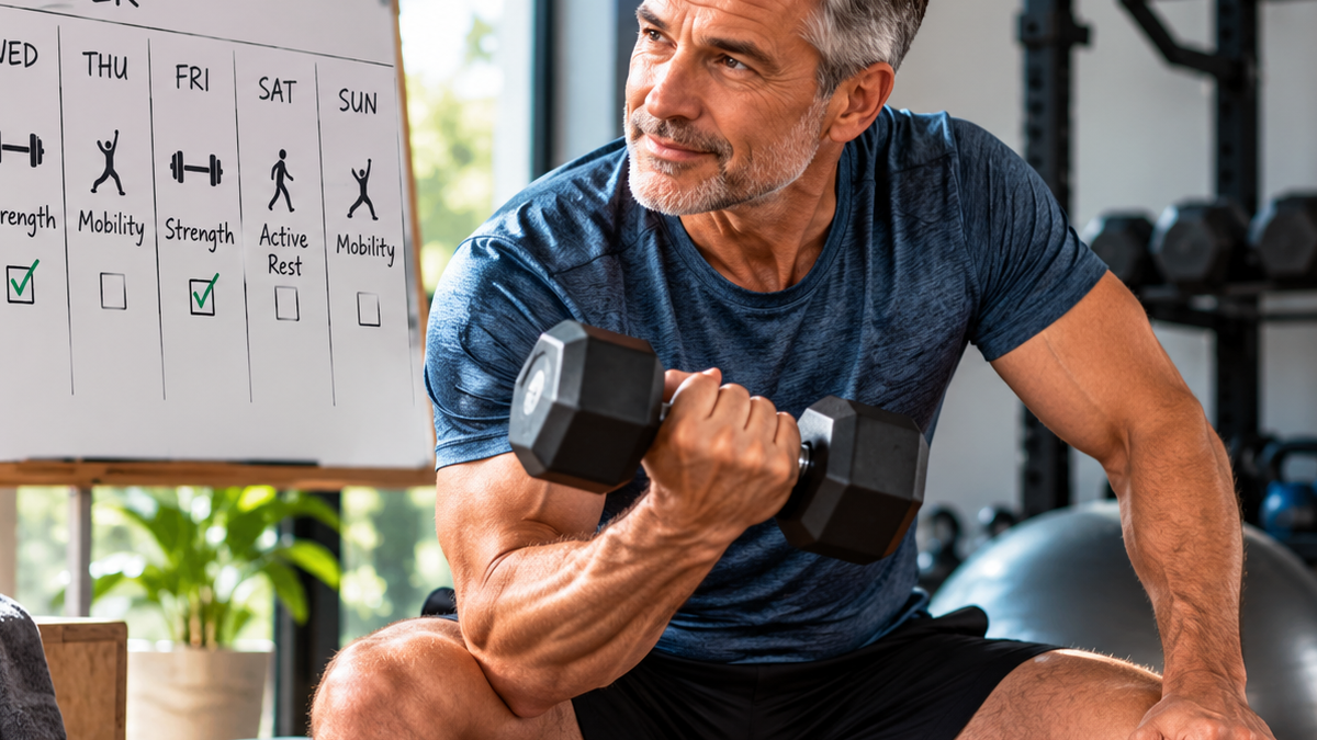 Man over 50 strength training with dumbbells during a practical weekly workout