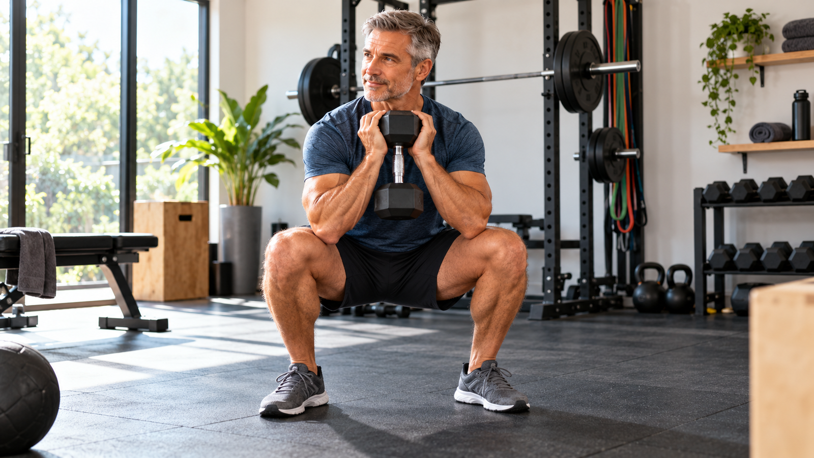 Man over 50 following a structured strength training session in a gym
