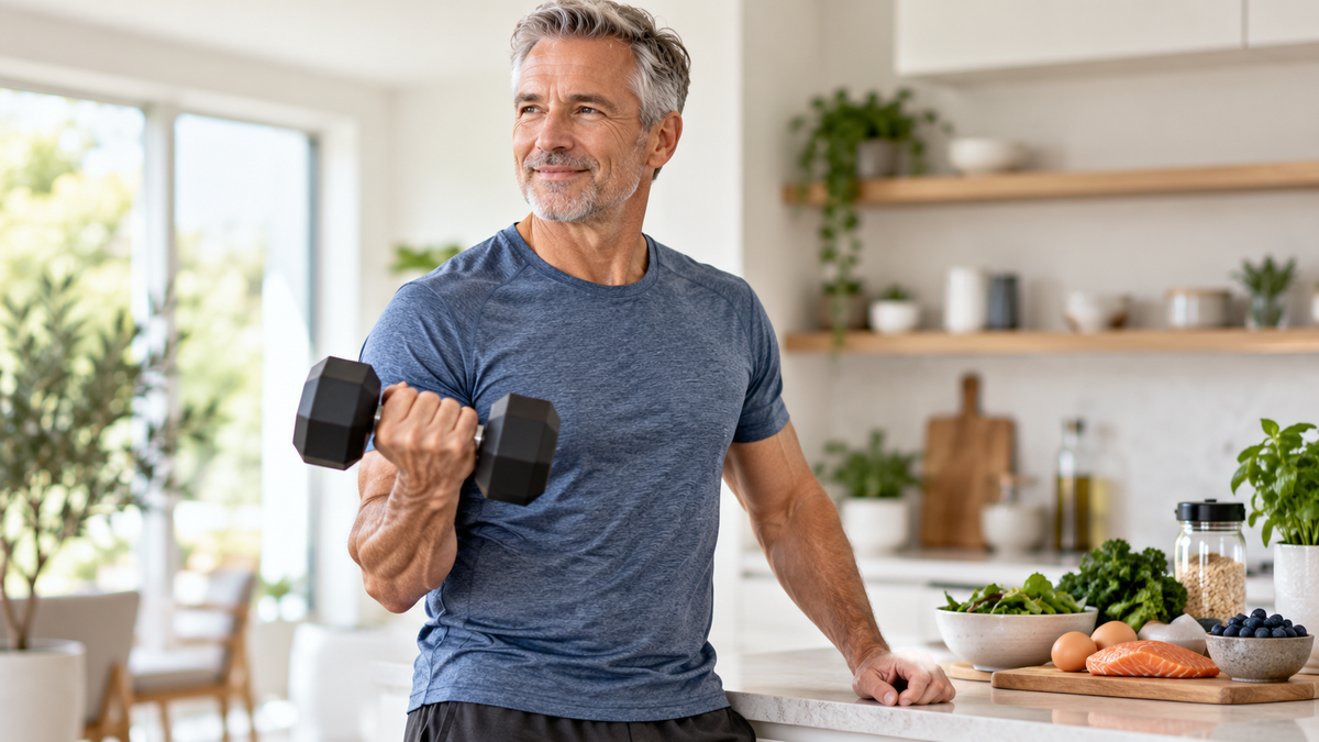 Man over 50 preparing a high-protein meal as part of a sustainable weight-loss plan