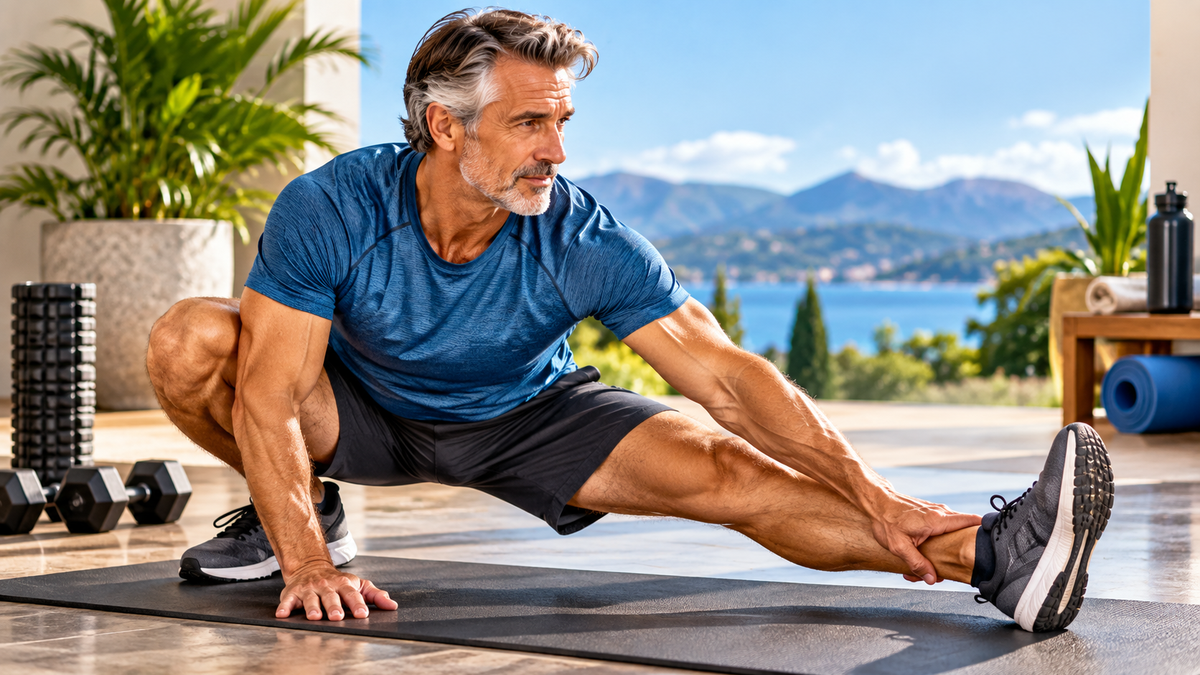 Man over 50 performing a controlled hip mobility drill during a home movement routine