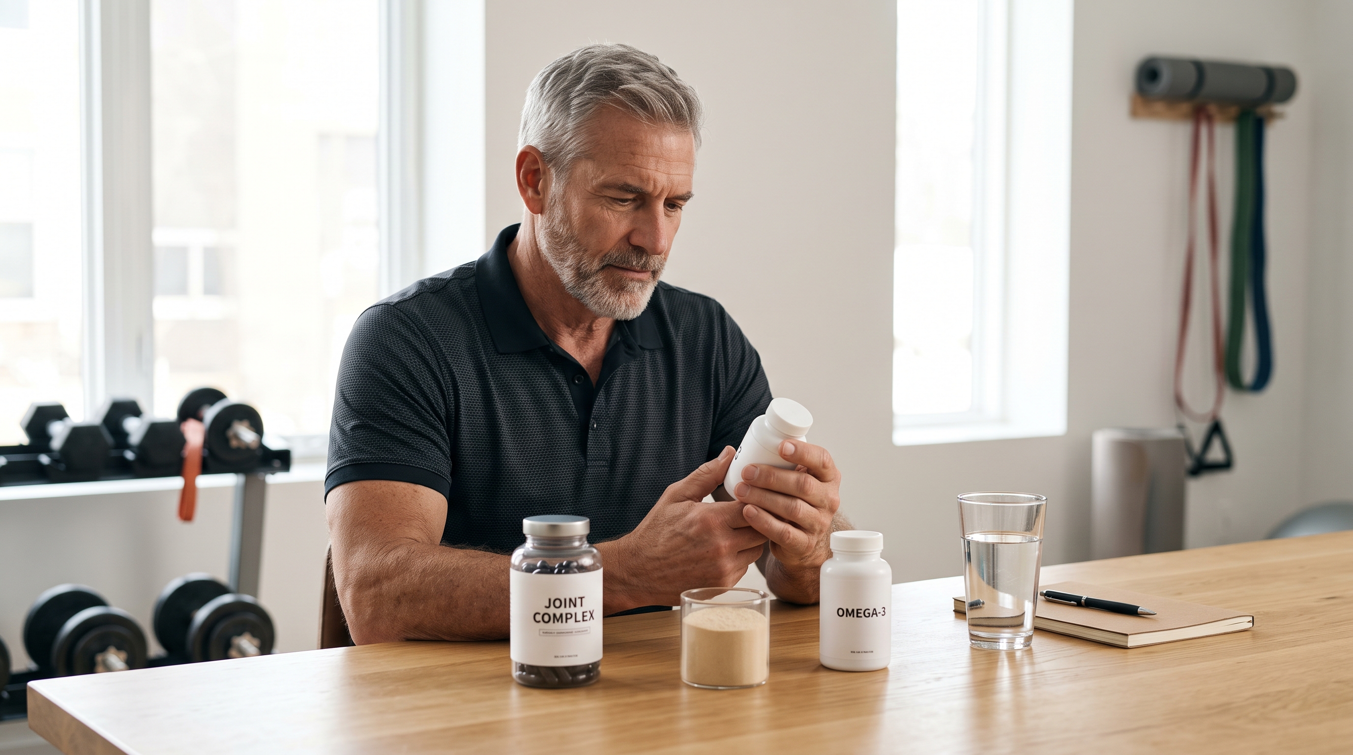 Joint supplement capsules, collagen powder and fish oil arranged beside a man over 50 preparing for exercise