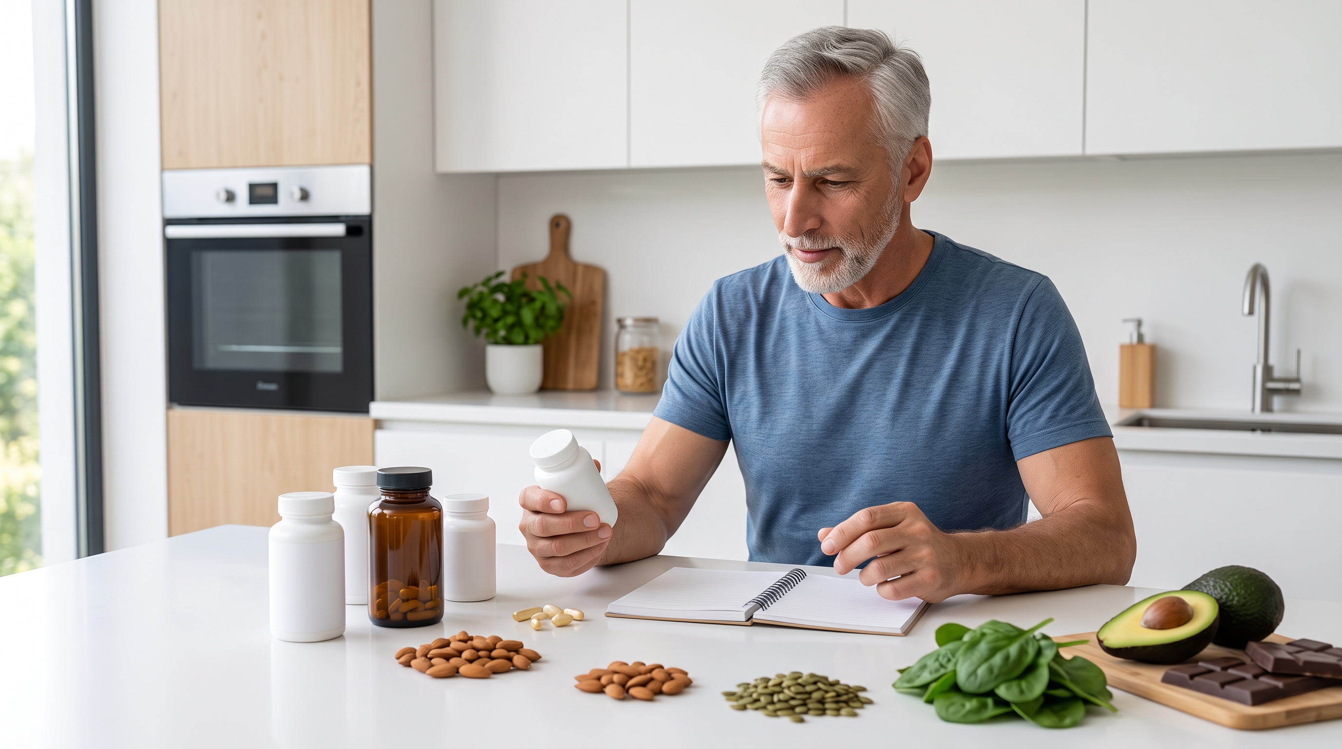 Magnesium supplement beside magnesium-rich foods for a man over 50