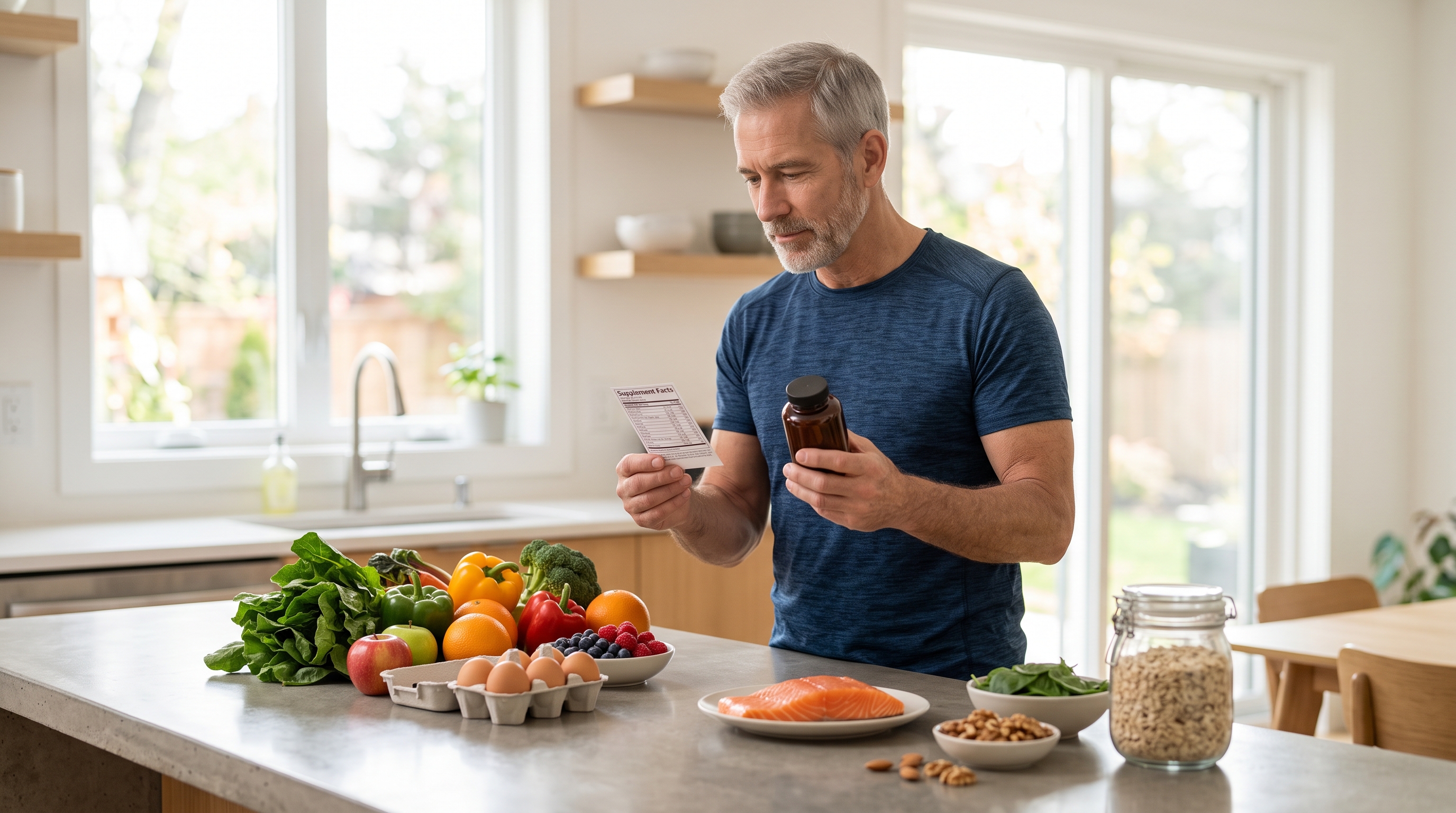 Multivitamin bottle beside healthy foods for a man over 50