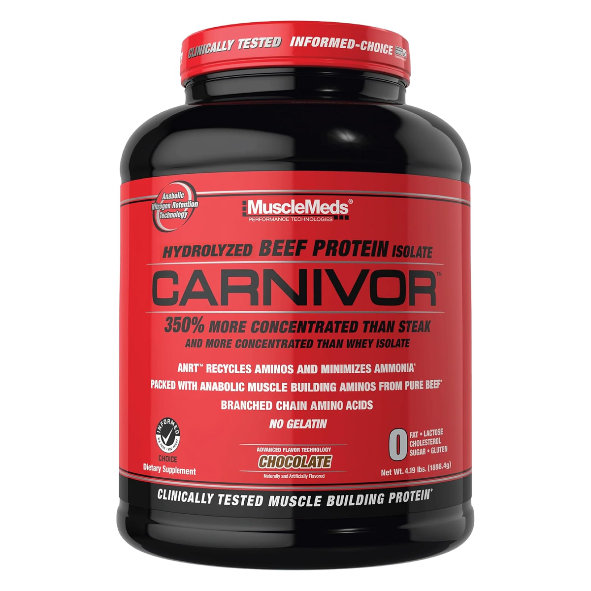 MuscleMeds CARNIVOR hydrolyzed beef protein isolate chocolate front container