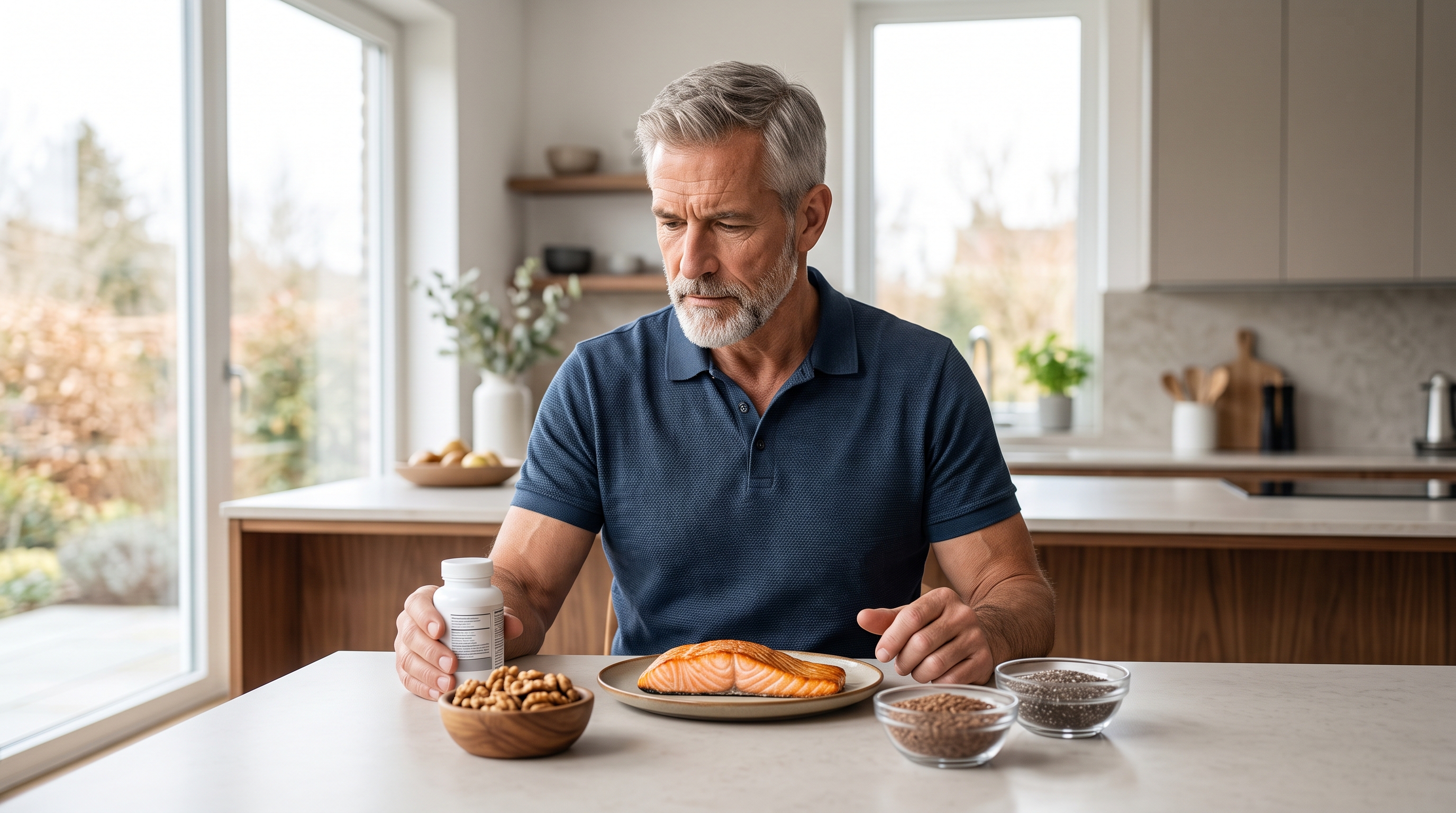 Omega-3 supplement beside salmon, walnuts and flaxseed for a man over 50