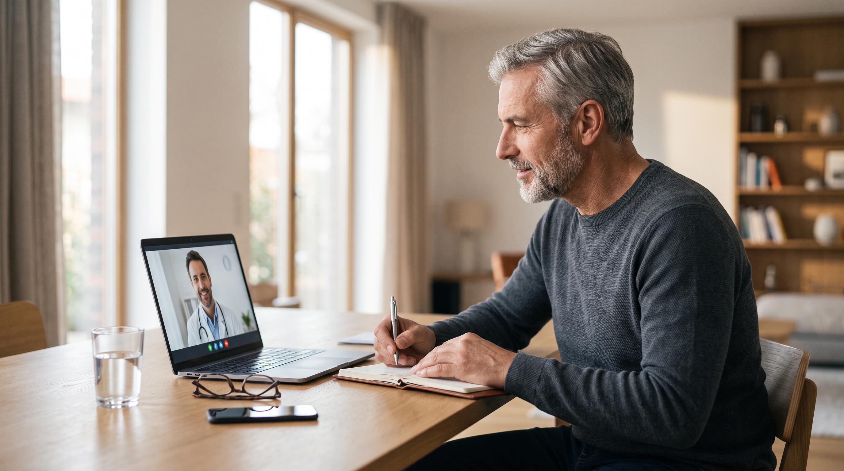 Man over 50 speaking with a licensed healthcare professional during a private telehealth visit