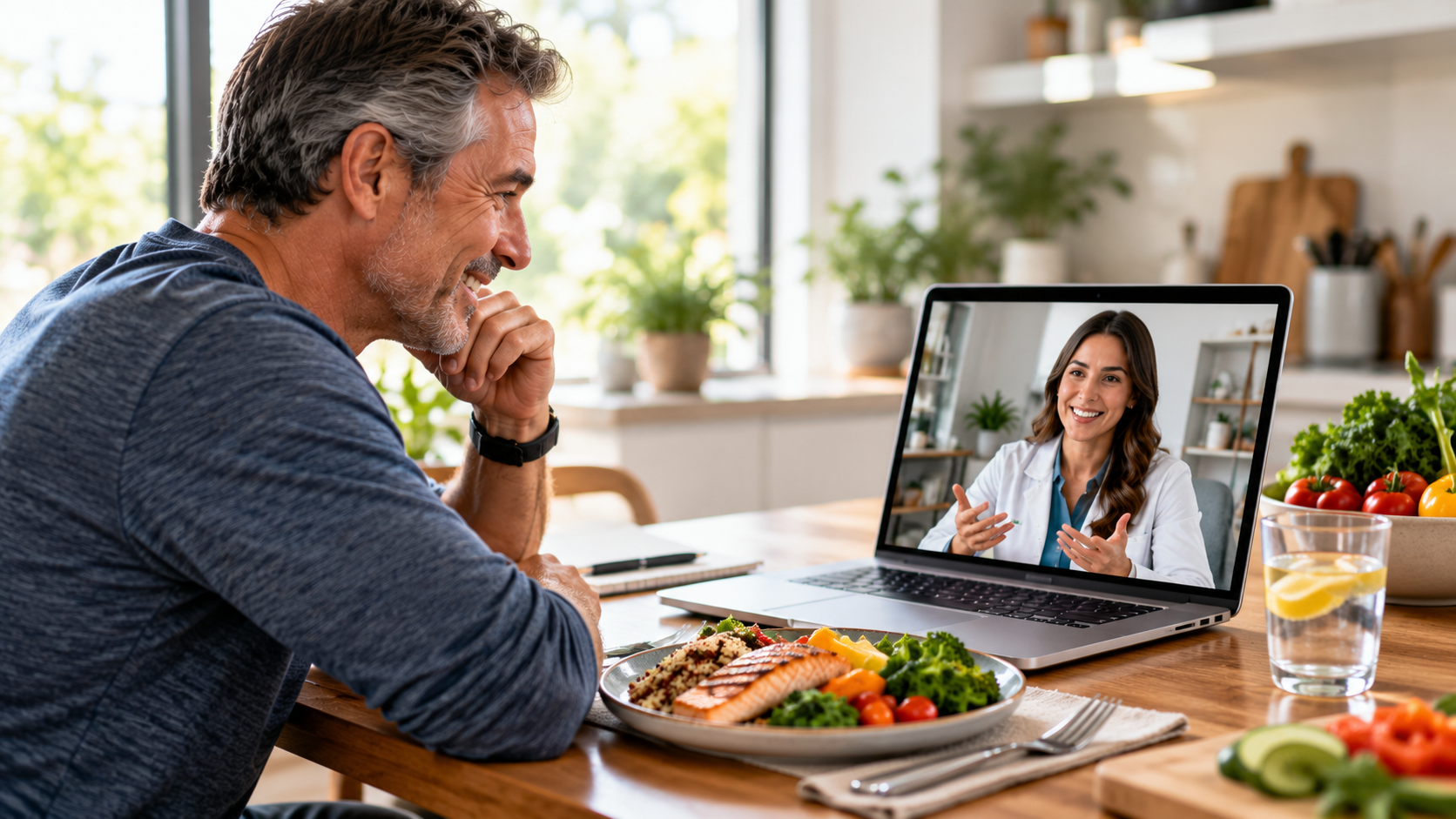 Man over 50 speaking with a registered dietitian during a virtual nutrition consultation