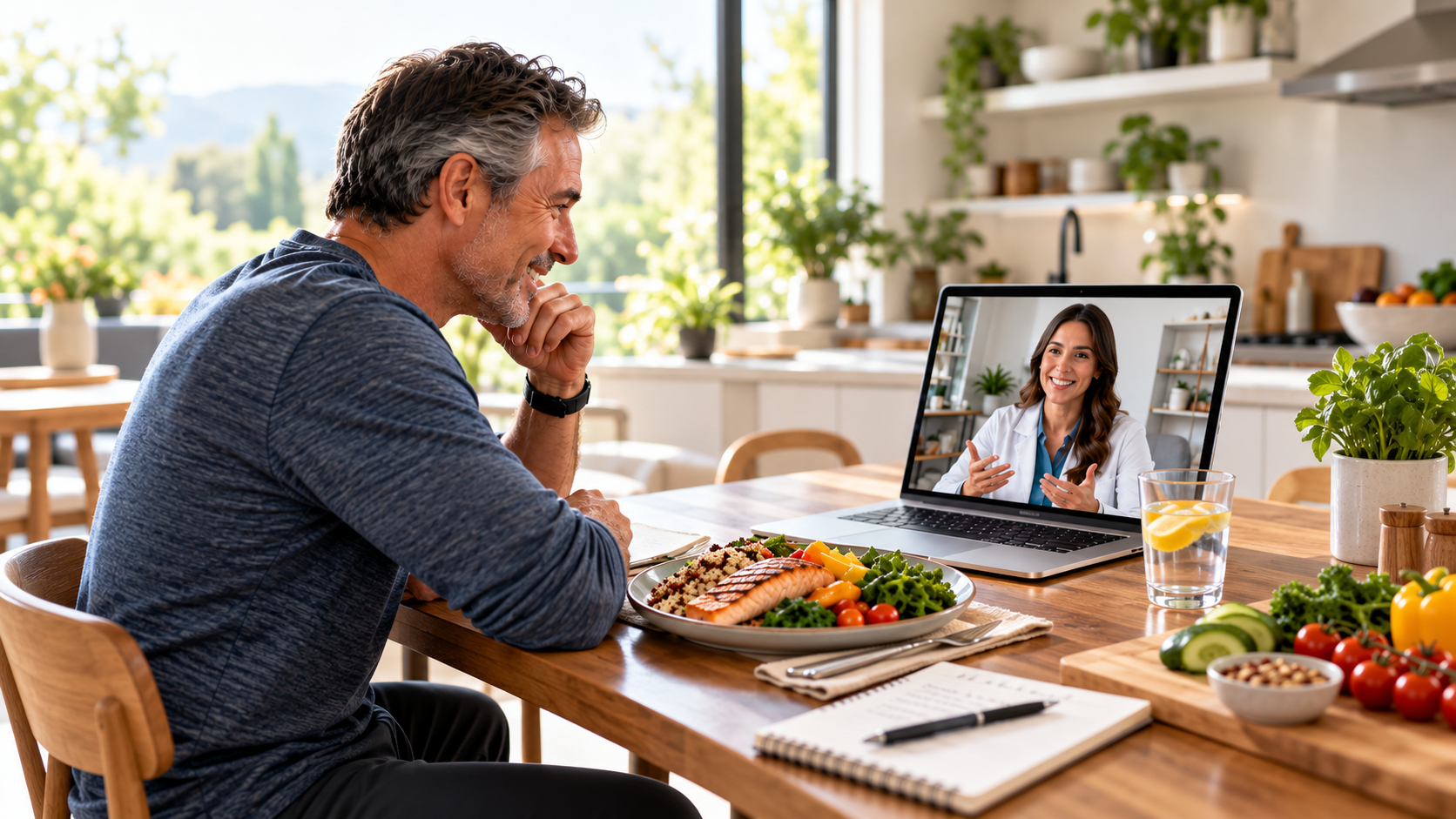 Man over 50 reviewing a personalized nutrition plan with a dietitian by video call