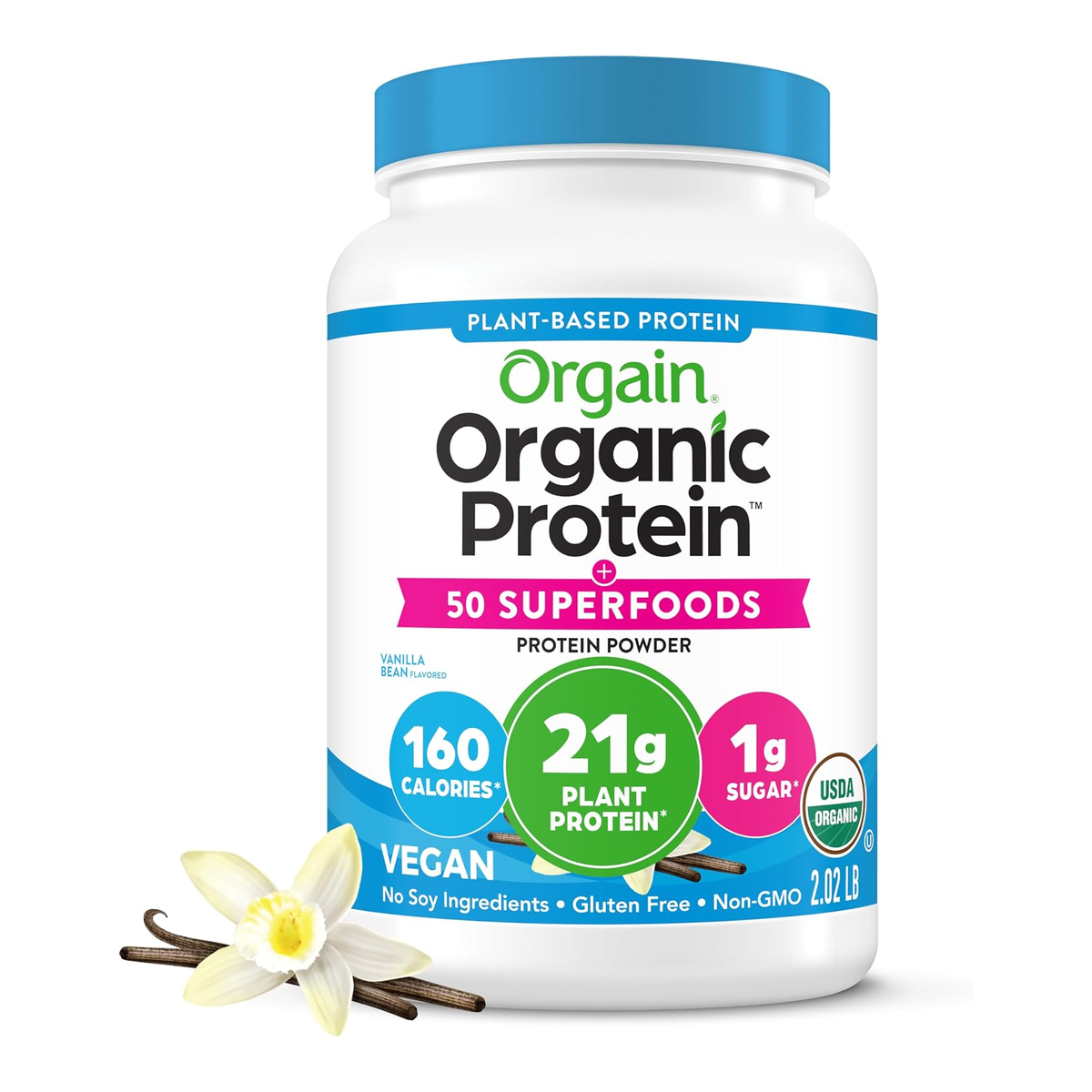 Orgain Organic Plant-Based Protein plus 50 Superfoods Vanilla Bean front container