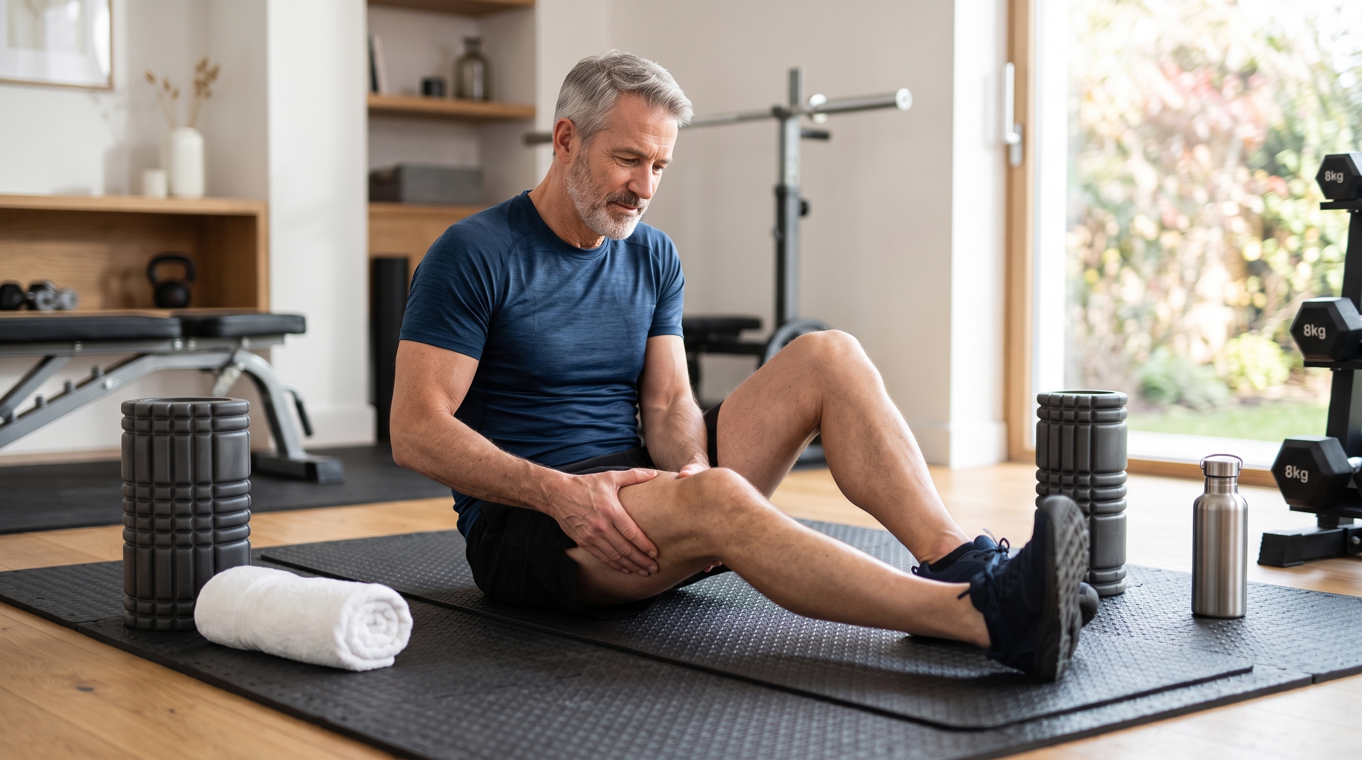 Man over 50 walking and performing gentle mobility after a strength-training workout