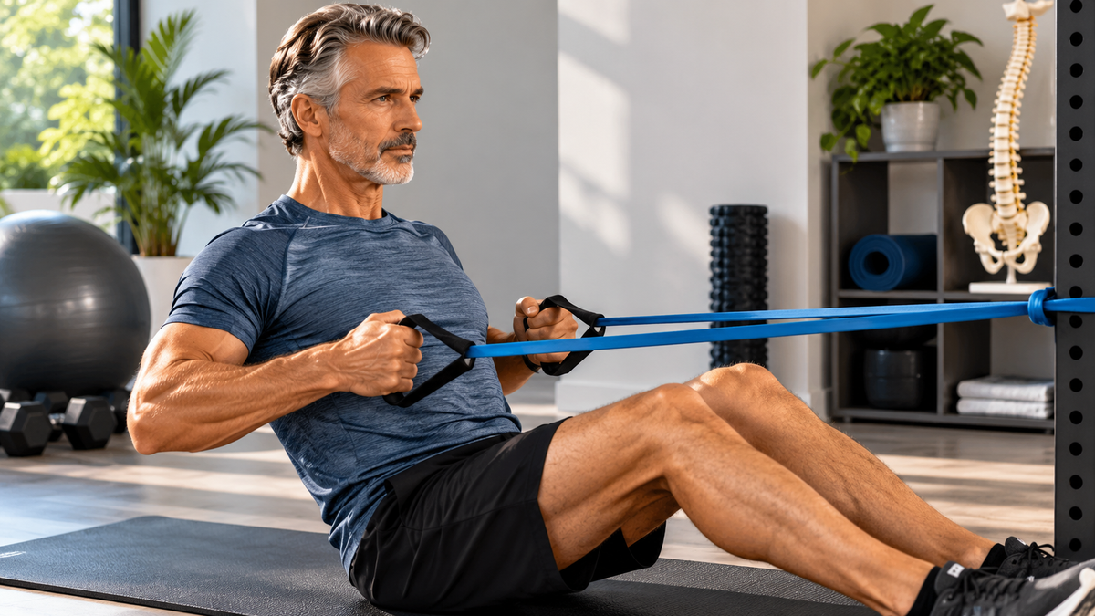 Man over 50 performing a controlled upper-back posture exercise while standing