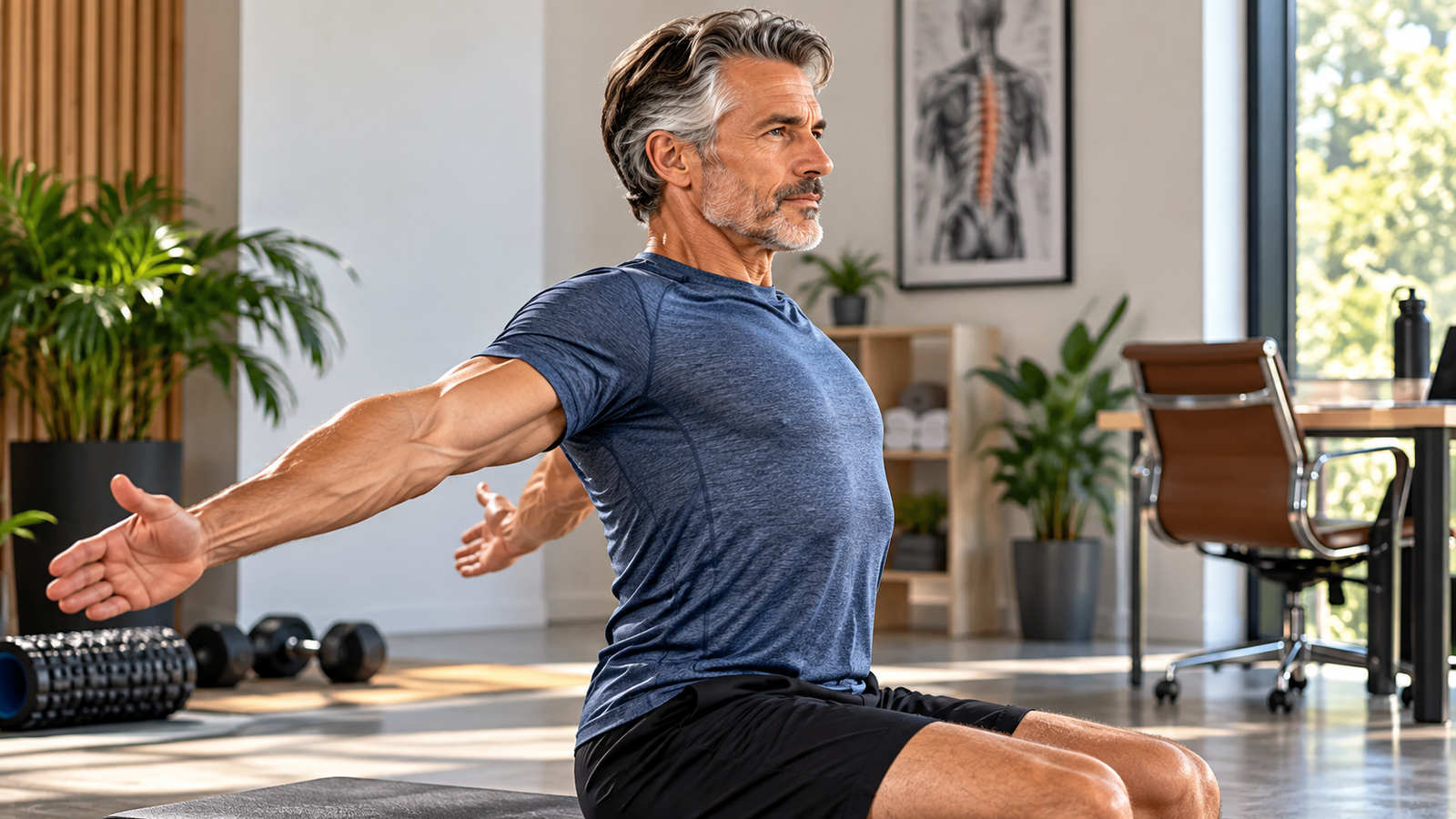 Man over 50 performing a posture and upper-back exercise routine at home