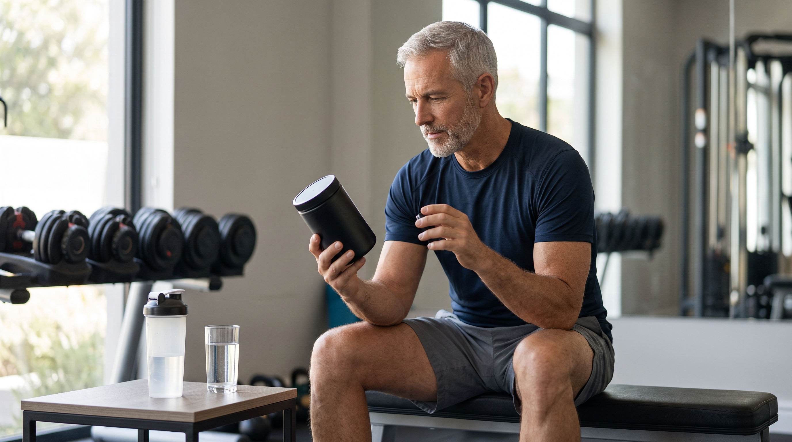 Pre-workout supplement container, coffee and shaker bottle arranged for a man over 50
