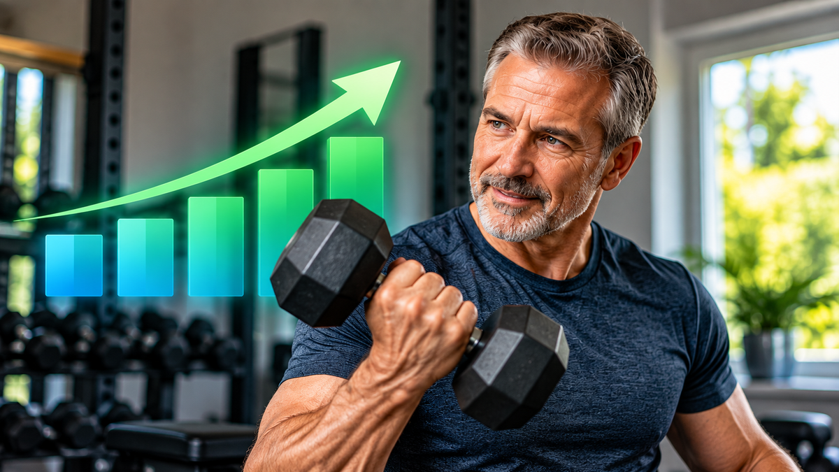 Man over 50 adding a small amount of weight to a strength-training exercise