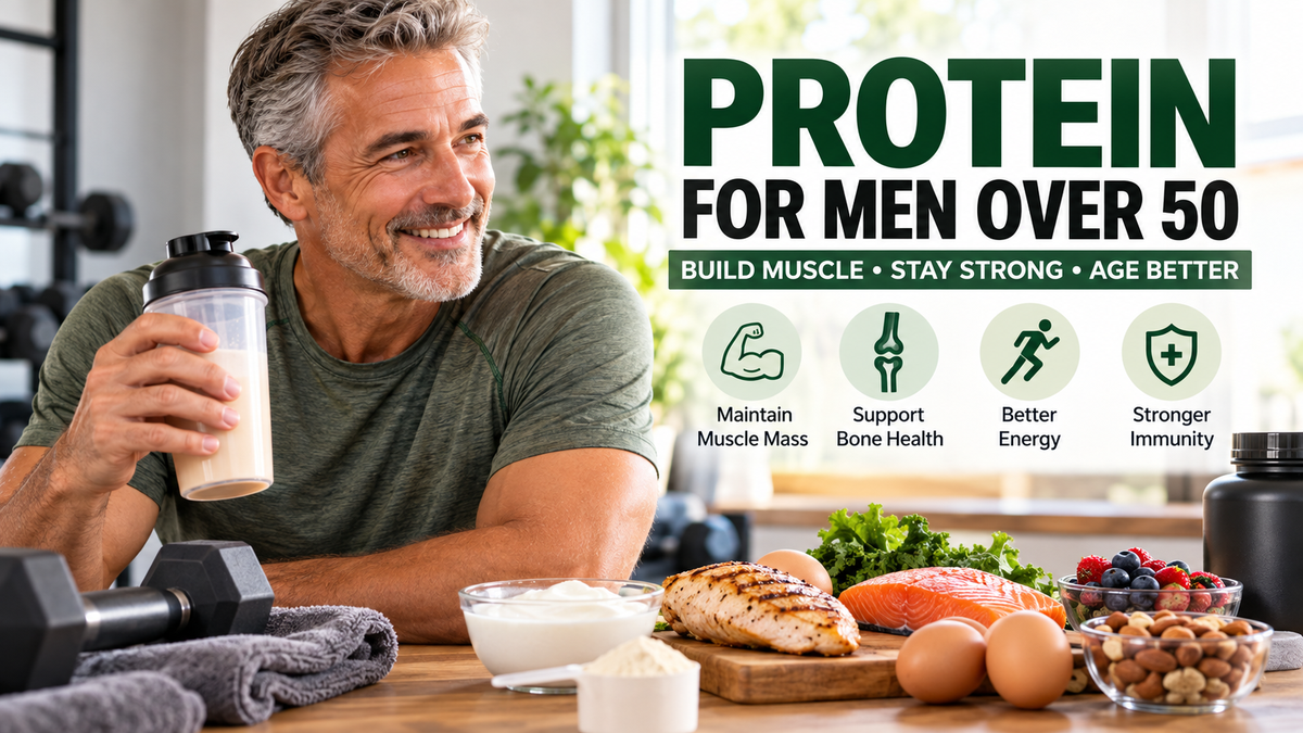 Man over 50 preparing a protein shake after a strength workout