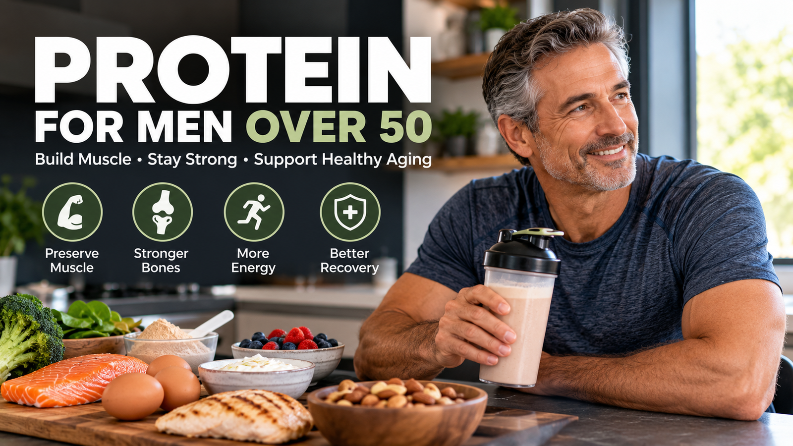 Man over 50 preparing a protein shake after workout in a kitchen
