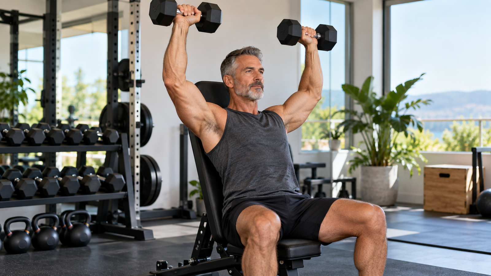 Man over 50 performing a measured set of resistance training while following a training log